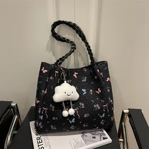 Women Fashion Quilted Tote Bag Floral Butterfly Print Large Capacity Handbag With Woven Handle And Plush Cloud Pendant