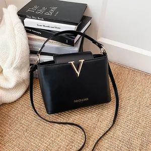 Minimalist PU Leather Shoulder Bag For Women Gold Metal V Decoration Fashion Handbag With Adjustable Strap Crossbody Bucket Bag