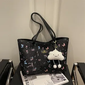 Borsa Tote Grande Capacità Stile Coreano Con Fiori E Farfalle E Piccola Pochette Con Portachiavi a Nuvola Borsa a Tracolla in Tessuto Jacquard Per Donna