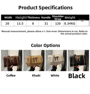 Size chart showing 20x13.5x8 cm dimensions and PU leather material for crossbody bag