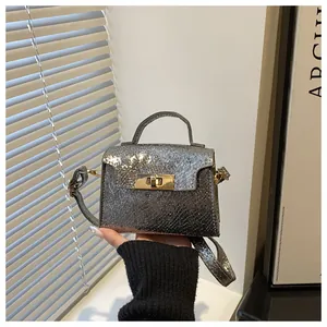 Detail of silver snake-textured mini bag with golden buckle in elegant lighting
