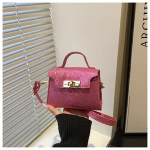 Detailed view of pink mini handbag with lizard texture and rotating metal lock