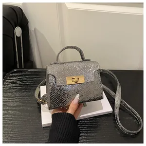 Close-up of shiny silver snakeskin texture and golden twist-lock on a mini handbag