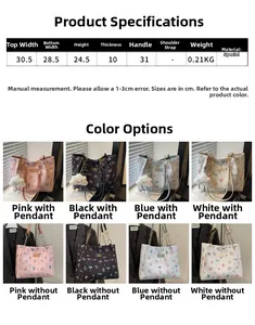 Detailed size specifications for the butterfly print tote bag with color variety overview