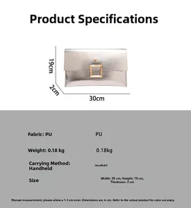 Tableau des tailles détaillé pour pochette enveloppe en PU argenté, 30cm large et 19cm haut