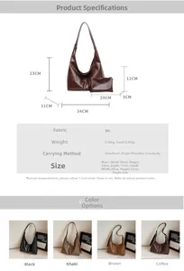 Dettagli dimensionali per borsa tote vintage in pelle PU con astuccio interno coordinato
