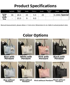 Size chart and specifications for large starry print tote bag with color options