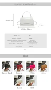 Tableau des dimensions et sélection de couleurs du mini sac bandoulière en cuir PU poli