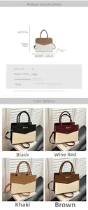 Detailed view of color-block PU leather crossbody bag with precise size and weight specs