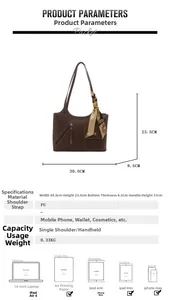 Brown PU leather tote bag detailed dimensions 30.5cm width with scarf handle decoration