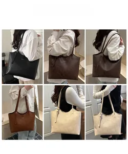 Detailed grid showing six retro faux leather tote bags in various neutral autumn colors