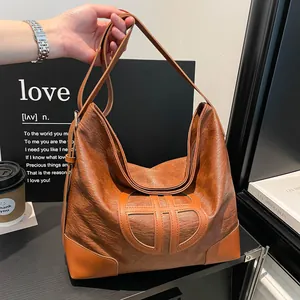 Sac Cabas Vintage Grande Capacité pour Femme Cuir PU Style Urbain Simple Sac à Épaule Bandoulière Hobo Avec Logo Géométrique Rond Sac à Main de Navette