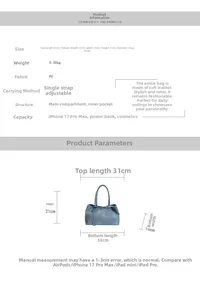 Detailed size chart for retro tote bag showing dimensions, weight and internal capacity