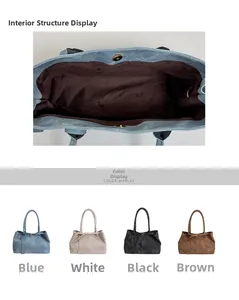 Detail view of tote bag inner lining, magnetic closure and four color options display