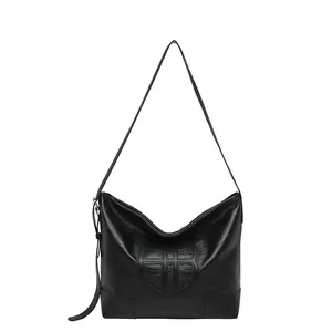 Sac cabas vintage en simili cuir noir avec logo gaufré et grande capacité de rangement