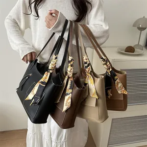 Retro faux leather tote bags with decorative silk scarves in four elegant colors