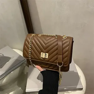 Sac Bandoulière Chaîne Matelassé en V pour Femmes Petit Sac Carré en Cuir PU Avec Serrure à Verrou Mode Navette Pochette