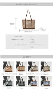Detailed chart showing PU leather tote bag dimensions and various color options