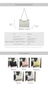 Quilted tote bag specifications and dimensions showing 32cm width in five colors