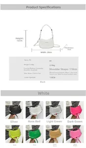 Detaillierte Größenangaben und 8-Farben-Vergleich der Halbmond-Handtasche aus PU-Leder