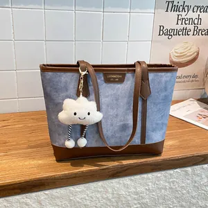 Large Capacity Colorblock Tote Bag For Women Retro PU Leather Canvas Shoulder Bag With Cloud Plush Charm Fashion Commuter Handbag
