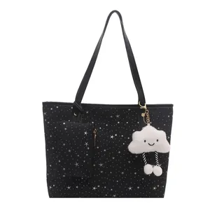 Large capacity black canvas tote bag with star pattern, small pouch and cloud pendant