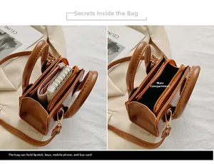 Detailed interior of a brown PU crossbody bag showing capacity for phone and lipstick