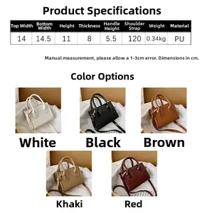 Detailed size chart and multi-color selection of mini PU leather square handbags