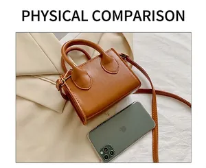 Mini caramel crossbody bag size comparison with a smartphone showing its compact scale