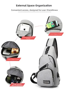 Detail view of the gray oxford chest bag showing multiple storage pockets and USB port