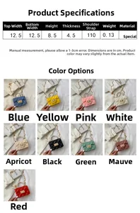 Size guide for mini quilted pearl handbag with dimensions and multiple color options