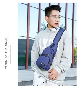 Blue oxford fabric chest bag for men with USB port and multiple zipper pockets