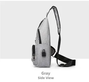 Side view of gray Oxford fabric chest bag featuring USB charging port and zipper pockets