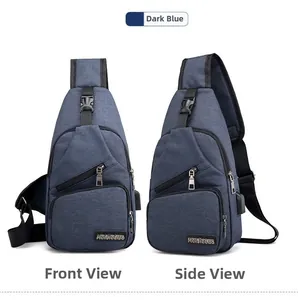Detail of navy blue crossbody bag with built-in USB charging port and oxford fabric