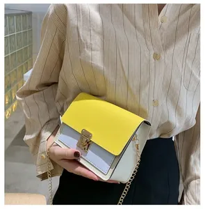 Detail of color-block crossbody bag with gold metal lock and elegant chain strap