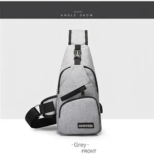 Mens casual gray oxford chest bag with adjustable strap and multiple zipper pockets
