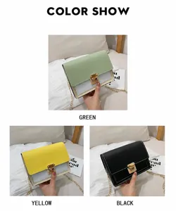 Detailed view of color options for the chain crossbody bag in green, yellow and black