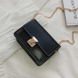 Chic black patchwork small square bag with metal lock and chain strap for women