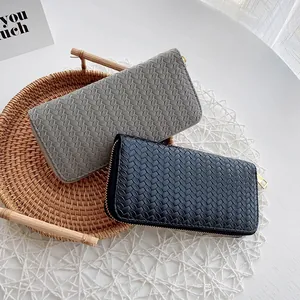 Women Long Wallet Woven PU Leather Zip Around Purse Large Capacity Card Holder Clutch Bag Simple Stylish Ladies Handbag