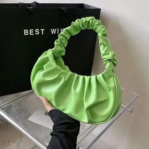 Bolso hobo plisado verde lima con textura de cuero PU de alta calidad y asa de moda