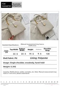 Tableau des tailles pour sac bandoulière en PU mesurant 22,5 cm de large et 19,5 cm