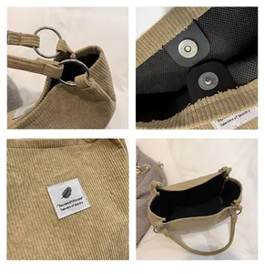 Detailed views of corduroy tote bag featuring magnetic buckle and silver metal rings