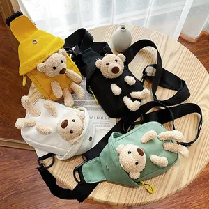 Cute Plush Bear Canvas Crossbody Bag For Women Girls Sweet Adjustable Strap Zipper Small Chest Bag Lightweight Casual Daypack