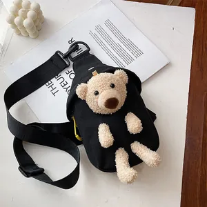 Black canvas crossbody bag with cute 3D teddy bear and adjustable wide shoulder strap