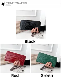Tres carteras largas con cremallera en negro, rojo y verde con textura de cocodrilo y dorado