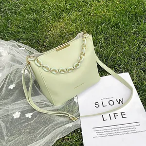 Women Fashion PU Leather Bucket Crossbody Bag With Resin Chain Handle Metal Trim Small Square Shoulder Bag Daily Handbag