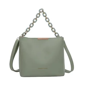 Morandi green bucket bag for women with chic acrylic chain and adjustable shoulder strap