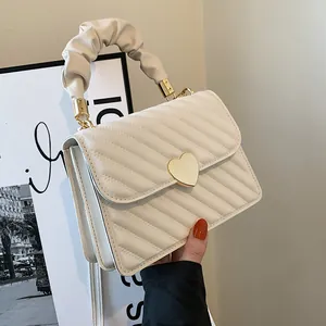 Women Fashion Quilted Square Bag Gold Heart Lock PU Leather Crossbody Bag Scrunchie Handle Small Shoulder Bag Daily Handbag