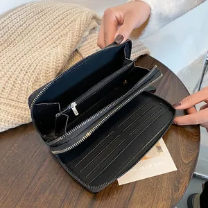 Women Double Zipper Long Wallet PU Leather Crocodile Embossed Pattern Large Capacity Clutch Purse Phone Bag Card Holder