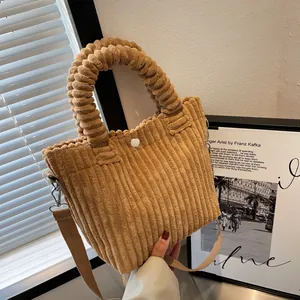 Women Corduroy Tote Bag Pleated Handle Small Shoulder Crossbody Bag Retro Striped Bucket Bag Solid Color Satchel Purse